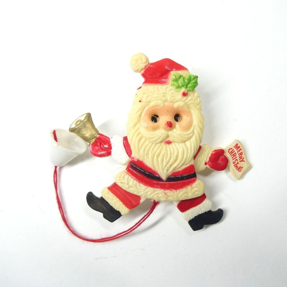 Santa Claus With Bell Pin Vintage Christmas Articulated Pullstring Moving Pin